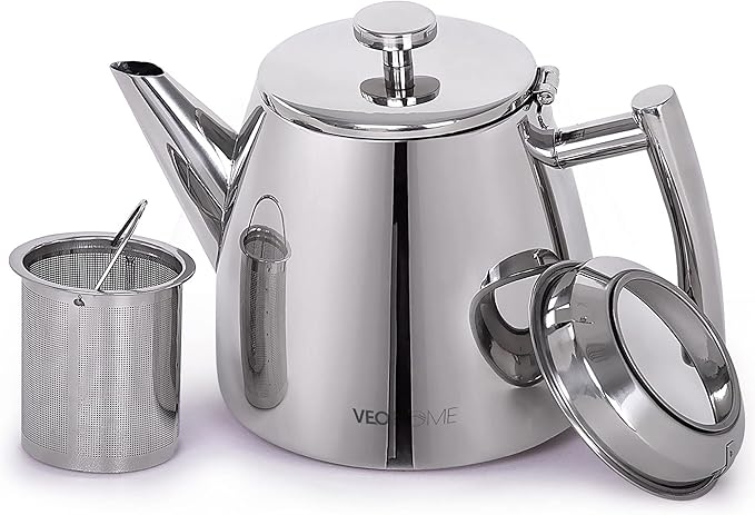 VeoHome Stainless Steel Tea Pot with Infuser - Keeps Heat Thanks to its Double Wall, Silver (1 Liter (34 oz))…