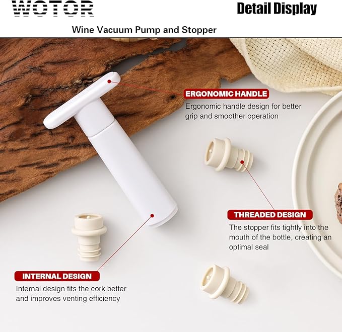 WOTOR Wine Saver Vacuum Pump with 4 Stoppers, Wine Stopper & Preserver, Reusable Bottle Sealer Keeps Fresh, Ideal Accessories Gift, Flat Handle (White)
