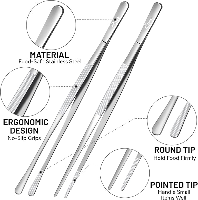 HOTEC Kitchen Tweezers Tongs Stainless Steel Professional Chef Tweezers, Set of 2-12inch Extra-Long Food Tongs for Cooking,Grill and Baking