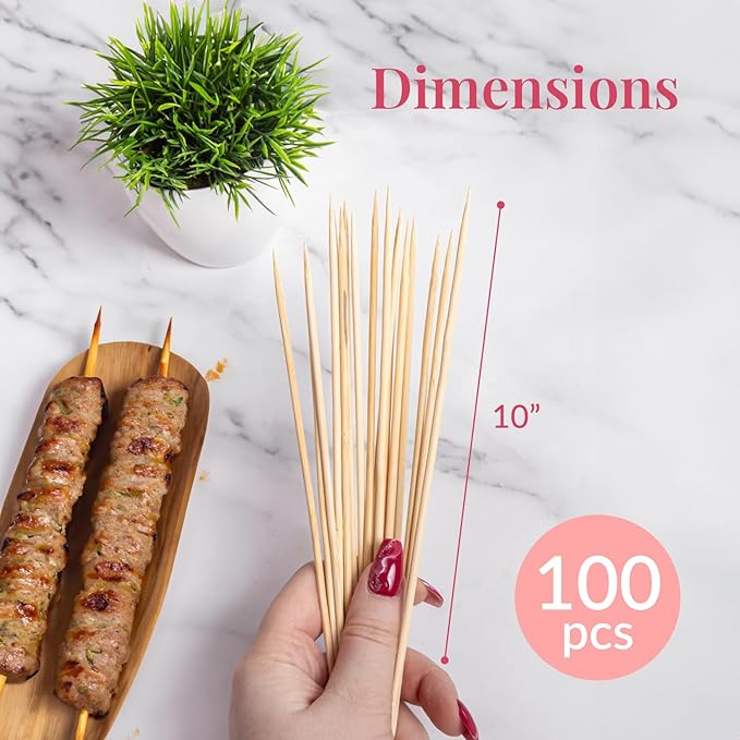 Prestee 100 Pack Bamboo Skewers for Grilling, BBQ, Kabobs, Crafts & Outdoor Parties 10-inch Brown Wooden Skewers for Crafts, Kabob Sticks, Skewer Sticks Variety Size, Shish Kebobs & Fruit Crafting