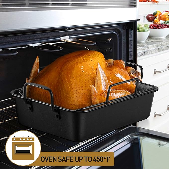 P&P CHEF 16" Roaster Roasting Pan with Baking Rack and V-shaped Rack, Stainless Steel Rectangular Lasagna Pan with Handles for Turkey Chicken, Healthy & Dishwasher Safe, 3 Pieces, Black