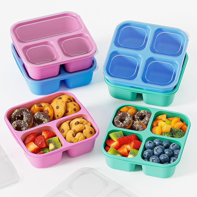 6 Pcs Snack Box Container Set, Reusable 3&4 Compartment Meal Prep Snack Containers for Adults Kids Toddler, BPA-Free Divided Lunchable Container for School, Work and Travel (Transparent Lids)
