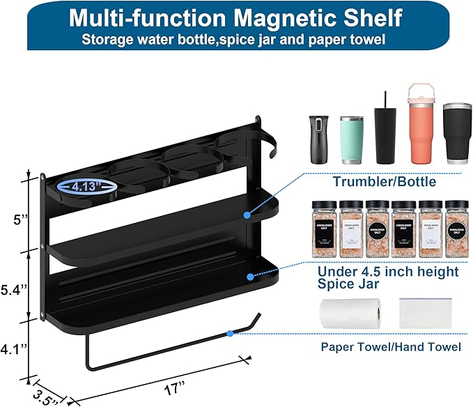 Magnetic Spice Rack,4-Slot Stanley Cup Water Bottle Holder with Paper Towel Holders and Removable Hooks for Fridge(Black Medium)