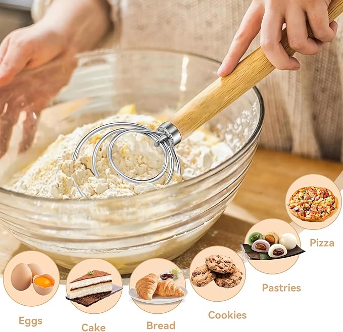 Danish Dough Whisk Dutch Bread Mixer Stainless Steel Hook Wooden Handle Baking Tools for Sourdough Pizza Pastry Cake Batter Making