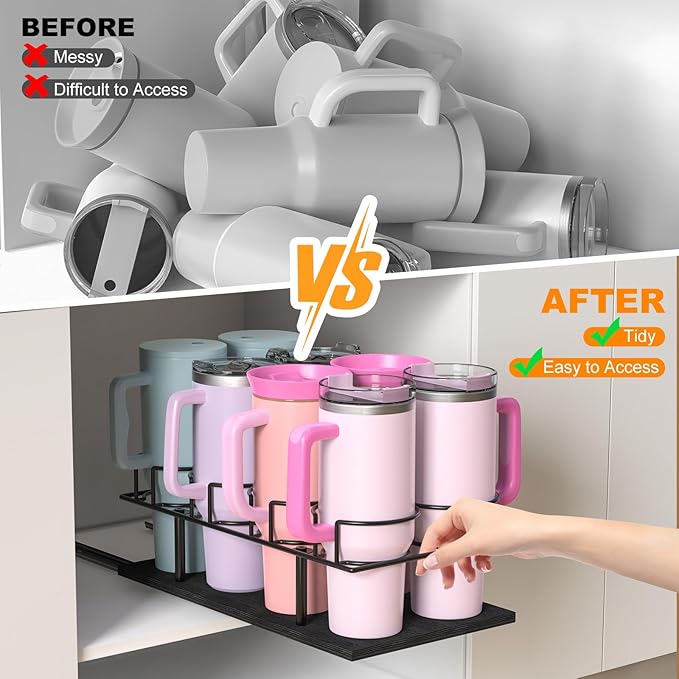 Housolution Pull Out Water Bottle Organizer for Cabinet, Slide Out Tumbler Storage Organizer for 10 to 40 oz Cups, Sliding Cup Holder Rack Compatible with Stanley, Owala and Other Brands, Black