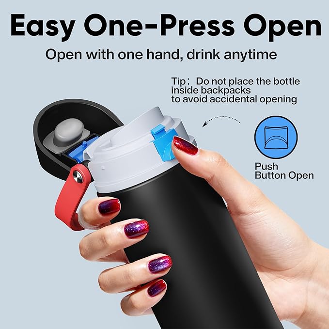 Insulated Water Bottle with Straw - Encool Stainless Steel Water Bottle with Push Button Lid, Leak-Proof & BPA-Free, Keeps Cold for 24 Hours for Sports, Travel, Gym (24 oz, Oil Black)