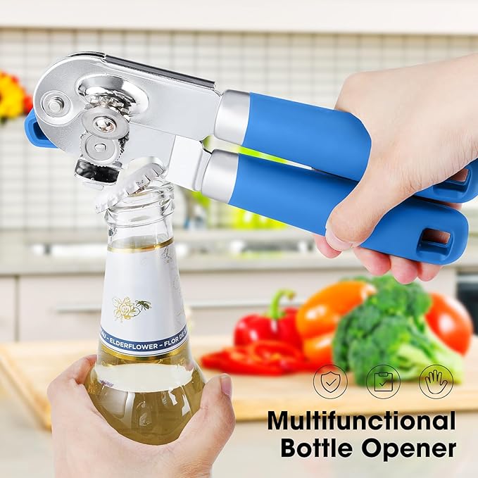 Beneno Heavy Duty Hand Can Opener Manual with Magnet, Durable Sharp Carbon Steel Blade Smooth Cutting, Big Effort-Saving Knob & Soft Grip Handle, Multifunctional Bottle Opener, Klein Blue