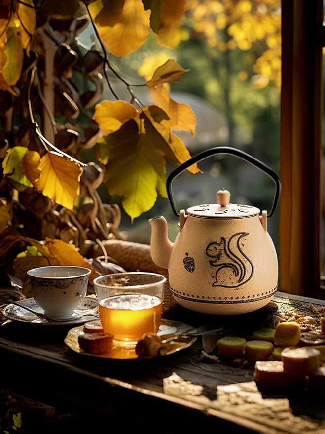 Toptier Teapot with Removable Infuser, Cast Iron Tea Kettle Stovetop Safe, Squirrel Design Tea Pot Coated with Enameled Interior for 32 Ounce (950 ml), Orange