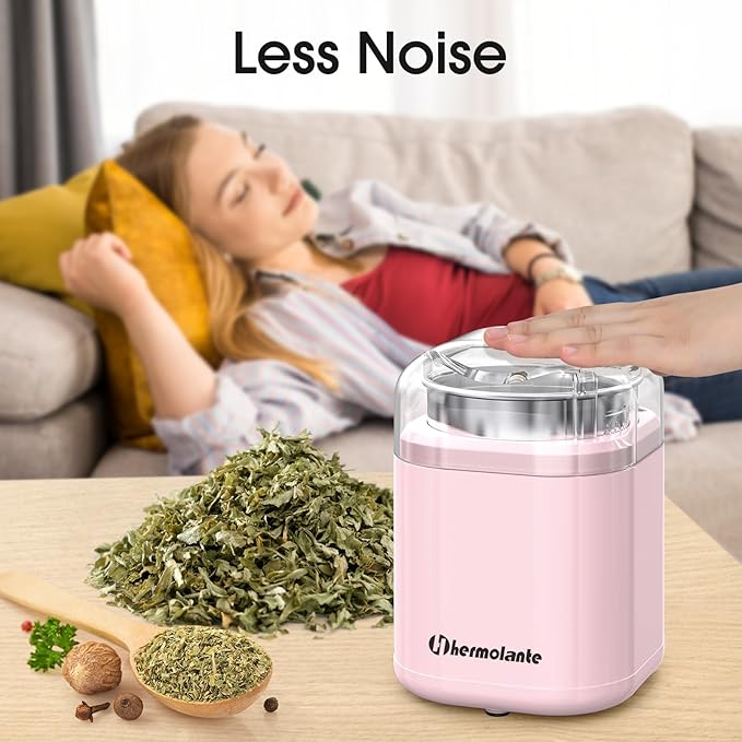 Herb and Spice Grinder, 200W Electric With Stainless Steel Blade, Cleaning Brush - Compact Size 5.11in (Pink)
