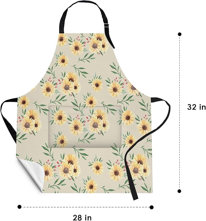 Britimes Sunflower Flower Summer Vintage Spring Apron Home Kitchen Cooking Baking Gardening for Women Men with Pockets 32x28 inch