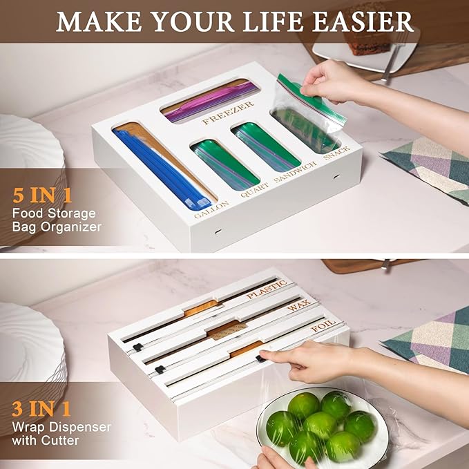 Bamboo Foil and Plastic Wrap Organizer for Kitchen Drawer, 2024 New 9 in 1 Plastic Bag Organizer Organization and Storage, Food Storage Bag Organizer with Labels for Quart Gallon Snack (White)