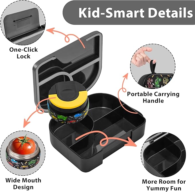 TinyPalsa Bento Box for Kids with 10oz Thermos, Durable Lunch Box with Leak Proof Insulated Food Jar, 3 Compartments with Portable Handle for Ages 3+, Dishwasher Safe, Ideal for School, Travel (Car)