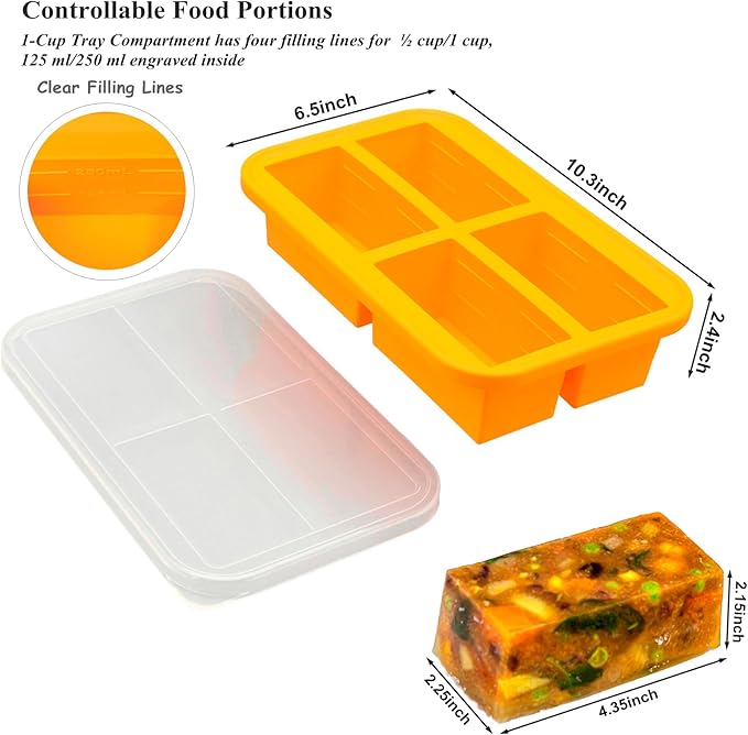 Bangp Silicone Freezer Tray for Soup Ice Cubes,1-Cup Freezing Tray with Lid for Meal Prep,Rice,Broth,Sauce,Leftovers. Makes 4 Perfect 1 Cup Portions. Oven & Dishwasher-Safe