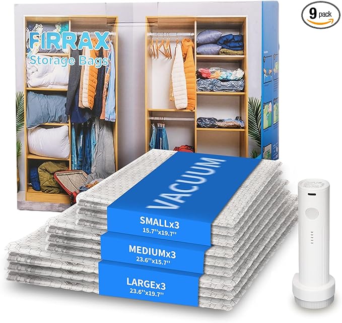 Vacuum Seal Bags for Clothing Travel with Electric Air Pump, FIRRAX 9 Combo Space Saver Vacuum Storage Bags (3 Large+3 Medium+3 Small), Travel Compression Packing for Clothes Luggage and Suitcase
