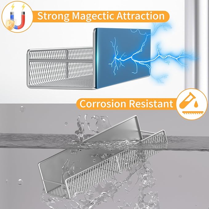 Magnetic Spice Rack for Refrigerator, 2 Pack 100% Metal Strong Magnet Shelf, Space Saving Spice Organizer W/ Hooks, Movable Magnetic Fridge Shelf, Kitchen Home Laundry Room Storage Organization, Grey
