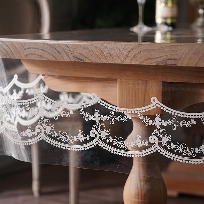 Clear Table Cover Protector Plastic Vinyl Table Cloth with White Lace Pattern Oil Spill Proof Plastic Tablecloths for Dining Tables Parties Holidays (French Lace, 52 x 70 Inches)