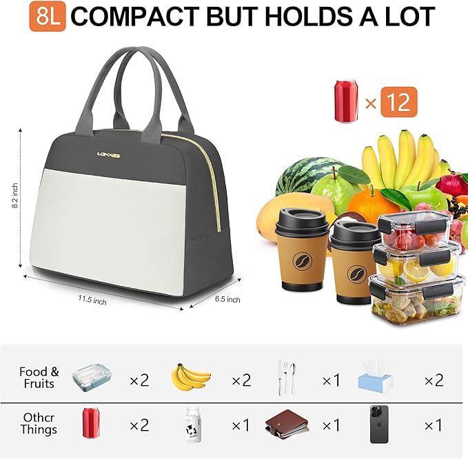 LOKASS Lunch Bag for Women-Insulated Adults Lunch Box with Front Pocket- Small Cute Lunch Tote for Work-Reusable Cooler Bag for Office Picnic Beach or Travel (Dark Grey)