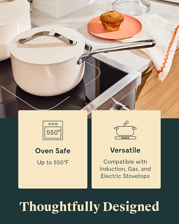 Caraway Nonstick Ceramic Sauce Pans with Lids (3 qt & 1.75 qt) - Non Toxic, PTFE & PFOA Free - Oven Safe & Compatible with All Stovetops (Gas, Electric & Induction) - Black
