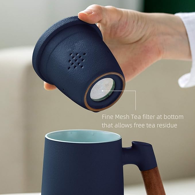 ZENS Tea Cup with Infuser and Lid for Loose Leaf Tea Steeper, 12oz Blue Ceramic Tea Mug with Fine Strainers, Wood Handle, Tea Lovers Gifts