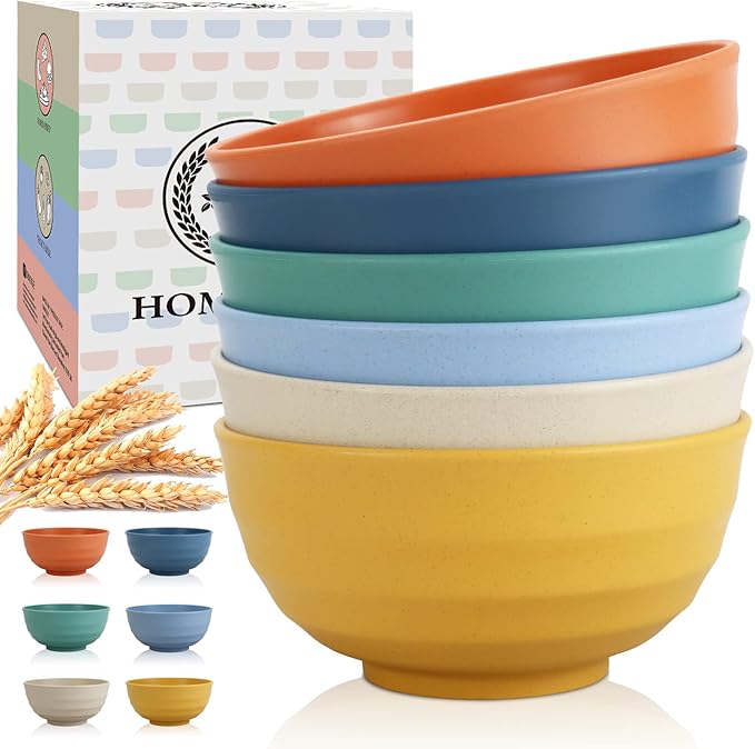 Homienly Large Bowl Set of 6, 60 oz Unbreakable Wheat Straw Bowls, Microwave Safe & Reusable for Salad, Cereal, Soup, Ideal for Camping, Picnic, Family Dining (Multi)