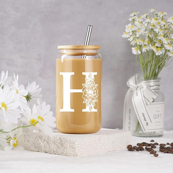 Coolife Initial Glass Cup, Monogrammed Gifts for Women, 16 oz Glass Cups w/Lids Straws, Iced Coffee Smoothie Beer Tumbler w/Straw Lid - Personalized Christmas, Birthday Gifts for Her Mom Friend Woman