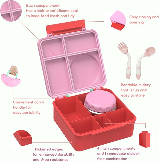 Bento Box for Kids - Leak-Proof Bento Lunch Box with Insulated Thermos Food Jar - 4 Compartments, 1 Removable Divider, 1Spoon, 1 Fork - Dishwasher Safe, BPA-Free (Pink)