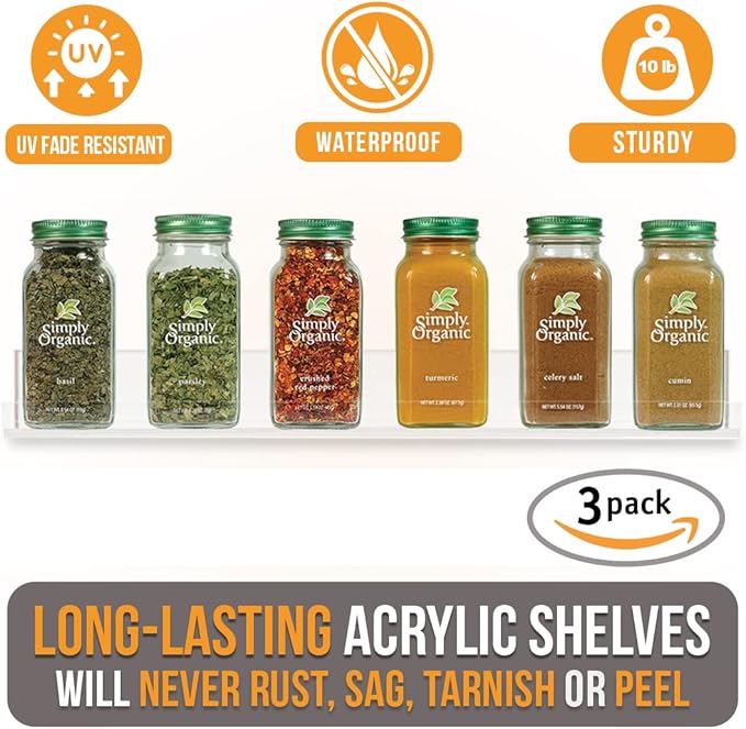Wall Mounted Spice Rack Shelves [3-Pack] - Clear Acrylic 15" Spice Shelves with Open Shelf Ends