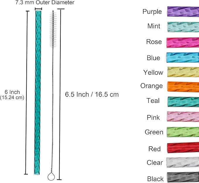 Dakoufish 6 Inch Reusable Clear Plastic Swirl Drinking Straws for Short Mini 6 oz-8 oz Mason Jar Tumblers,Set of 12 Pcs Replacement Straws with Cleaning Brush (6inch,12color)