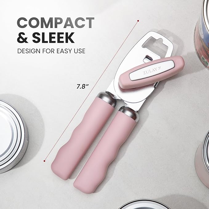 Zulay Kitchen Heavy Duty Stainless Steel Can Opener Manual with Bottle Opener - Rust Proof Manual Can Opener With Turn Knob & Comfy Soft Grip Handles - Light Pink