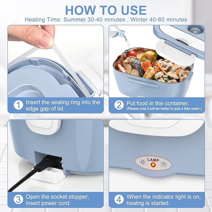 Electric Lunch Box Food Heater, 3 in 1 Ultra Quick Heated Lunch Boxes for Adults, 12V/24V/110V Portable Food Warmer for Car/Truck/Office With Fork Spoon and Insulated Carry Bag