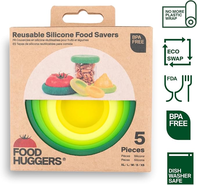 Food Huggers 5pc Reusable Silicone Food Savers | BPA Free & Dishwasher Safe | Fruit & Vegetable Produce Storage for Onion, Tomato, Lemon, Banana, Cans & More | Round, Fresh Greens