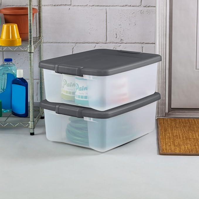 Sterilite 18-Pack Plastic Storage Bins w/ Lids, Shelf Totes Clear Containers, 25 Qt, Gray