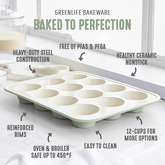 GreenLife 12-Cup Muffin Pan, PFAS-Free Healthy Nonstick Baking Tray, 11.4" x 1.9" x 15.9", Durable Ceramic Bakeware, Cupcakes, Egg Bites, Tarts, Brownies, Sage