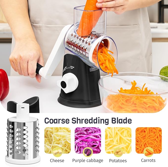 Rotary Cheese Grater Hand Crank, 3 Blades Slicer Shredder, Cheese Grater for Kitchen, Multi-Functional Kitchen Tool for Vegetables, Nuts, Chocolate, with Strong Suction Base, Black