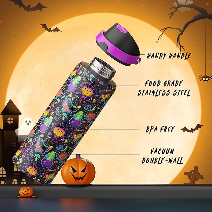 ENCOOL Halloween Insulated Water Bottle with Straw - Stainless Steel Water Bottle with Push Button Lid, Leak-Proof BPA-Free, Keeps Cold for 24 Hours for Halloween gifts, Party (32 oz, Meowgic Night)