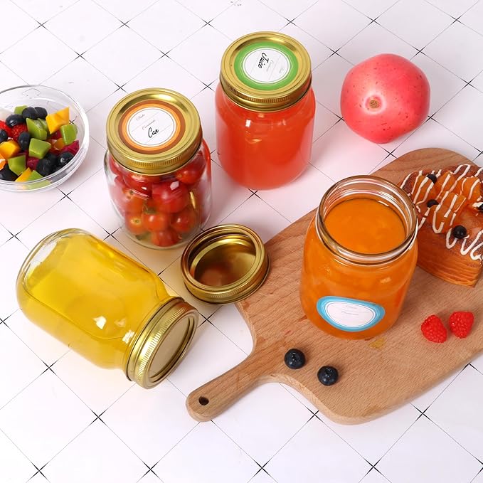 Glass Mason Jars with Gold Lids and Bands 16 oz - 15 Pack Regular Mouth Canning Jars for Food Storage, Pickling, Meal Prep, Overnight Oats, Dry Food & DIY Crafts - Includes 24 Stickers & Brush