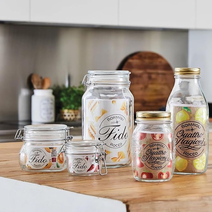 Bormioli Rocco Fido 17.5 Ounce Glass Storage Jars: Airtight Hinged Lid With Leak Proof Gasket, Wide Mouth Food Container - For Zero Waste Air Tight Preserving Jam, Spices, Coffee, Sugar & Herbs