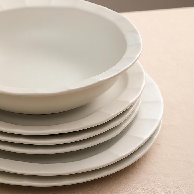 Stone Lain Oasis 24-Piece Dinnerware Set Stoneware, Dishwasher and Microwave Safe Plates and Bowls Set, Dish Set for 8, White