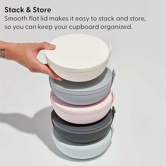 W&P Porter Plastic Bowl Lunch Container w/ Protective Non-slip Exterior, Cream 1 Liter | Lid & Snap-tight Silicone Strap | Food Storage, Bento Box, Meal Prep | BPA-Free Plastic
