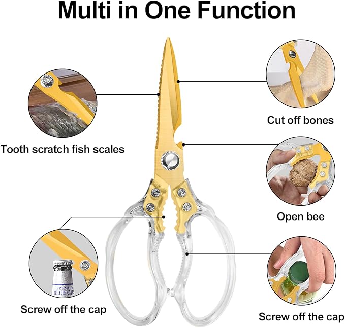 CGBE Kitchen Scissors, Multi-Purpose Kitchen Shears, Heavy Duty Dishwasher Safe Food Scissors for Chicken, Poultry, Fish, Meat & Herbs with Non-Slip Grips - Transparent Gold