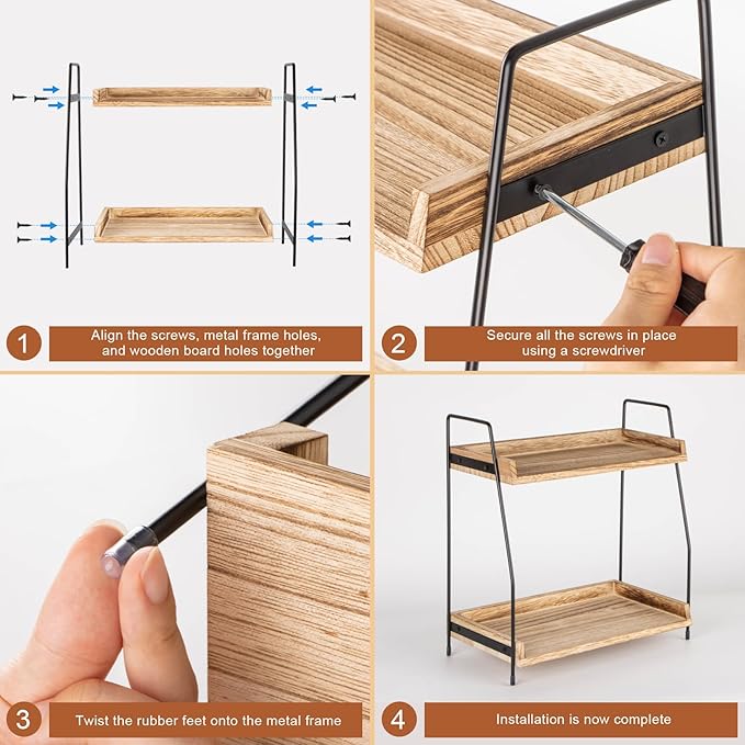 Countertop Coffee Station Organizer, 2 Tier Wooden Shelf for Coffee Bar Accessories, Condiment Storage Caddy for Kitchen, Home, Office - Brown