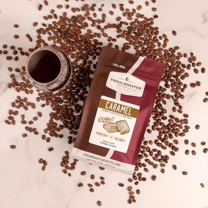 Fresh Roasted Coffee, Decaf Caramel Flavored Coffee, 12 oz, Medium Roast, Kosher, Whole Bean