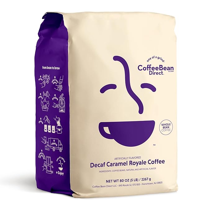 Coffee Bean Direct Decaf Caramel Royale Flavored, Whole Bean Coffee, 5 Pound Bag (Pack of 1)
