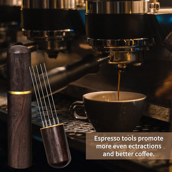 Espresso Coffee Stirrer 5 Needles 0.4mm Espresso Distribution Tools, Natural Wood Handle and Stand (Walnut)