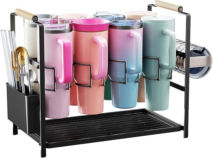 Housolution Water Bottle Organizer Drying Rack for 40 oz Tumbler with Handle, Multifunctional Cup Storage Holder Compatible with Stanley, Owala, Simple Modern and Other Brands, 8 Slots (Patented)