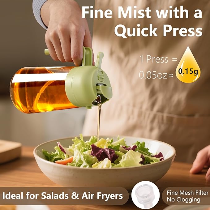 16oz/470ml Oil Dispenser and Oil Sprayer, Glass Olive Oil Pourer for Kitchen, Air Fryer, Cooking, Salad, BBQ(Green)