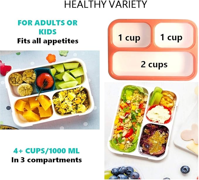 Bento Box Adult Lunch Box | Lunch Boxes For Adults Kids Women | 3 Compartments |Portion Control Meal Snack Container For Big Kids Teens Work School | Leakproof Divided Containers | Coral - Orange