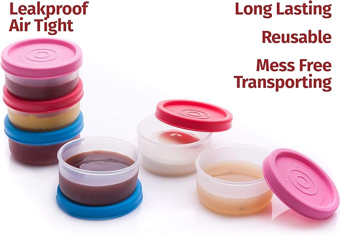 SIGNORA WARE Condiment Containers with Lids- 6 pk. 1.3 oz.Salad Dressing to go Small Food Storage Containers- Sauce Cups Leak proof Reusable Plastic BPA free for Lunch Box Picnic Travel