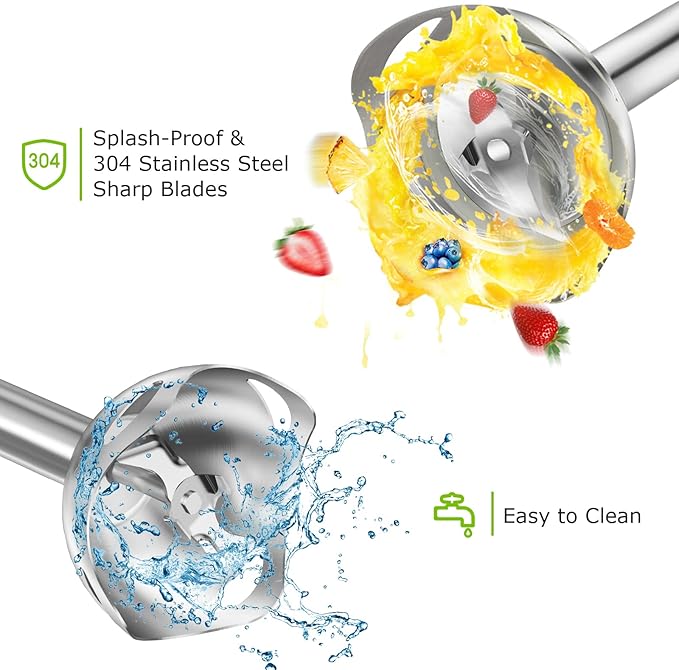 Bonsenkitchen Immersion Blender Handheld, 12-Speed and Turbo Hand Blender Electric with Sharp Blades, 3-In-1 Hand Held Stick Blender with Egg Whisk, 24oz Beaker for Soups, Smoothies, Sauce