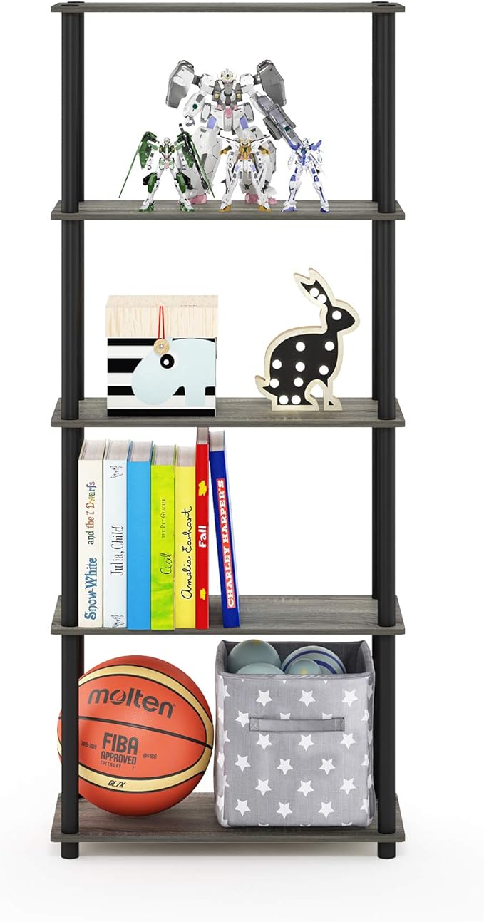Furinno TURN-N-TUBE Storage Shelves, 5-Tier Book Shelf, Corner Shelf, Toolless Open Shelves, for Organization and Storage, Living Room, Garage, Home Office, French Oak